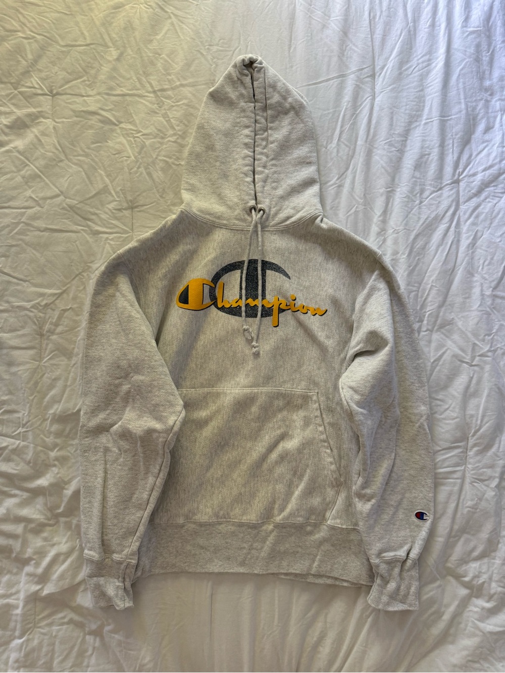 Men’s Champion Light Gray Reverse Weave Hoodie with Blue Tag Large